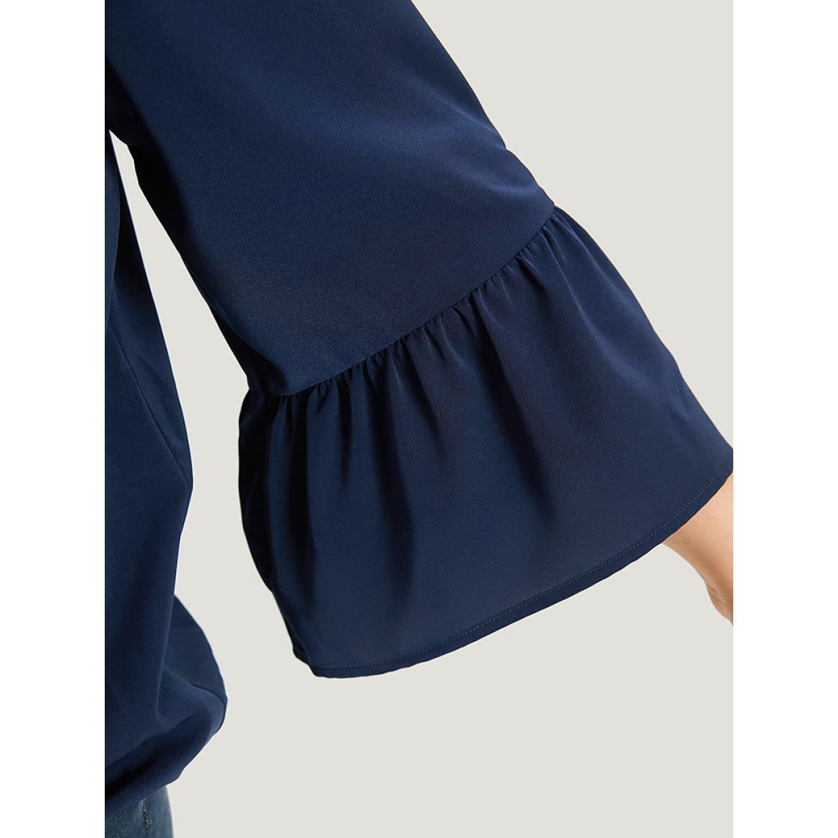 Plus Size Indigo Anti-Wrinkle Plain Surplice Neck Bell Sleeve Blouse Women Office Elbow-length sleeve V-neck Work Blouses BloomChic 12/L Product Image