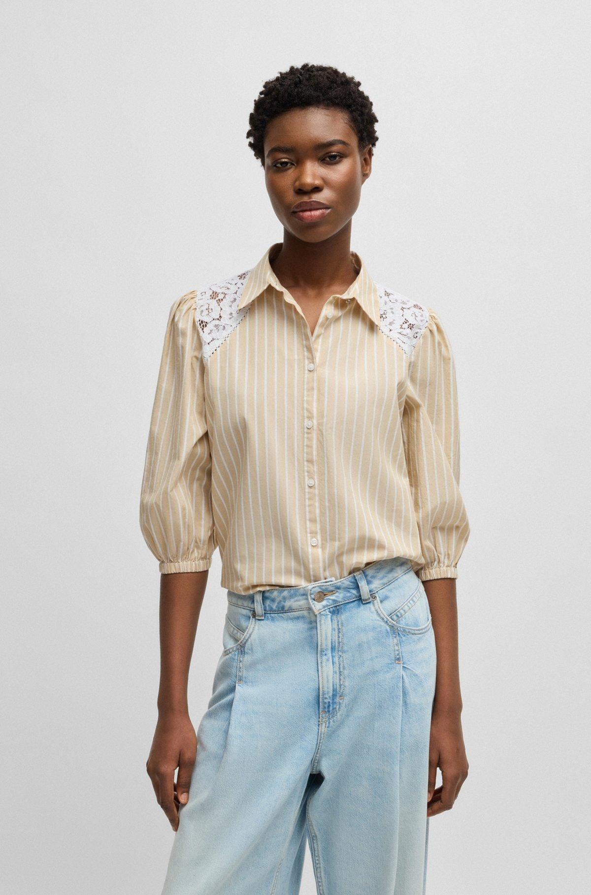 Striped regular-fit blouse with lace shoulders Product Image