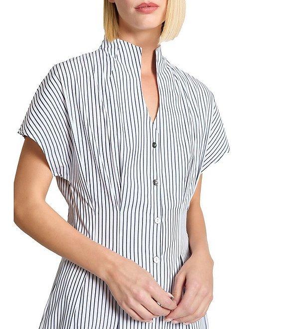 Ming Wang x Tanya Foster Cotton Pinstripe Stand Collar Short Sleeve Fit-And-Flare Dress Product Image
