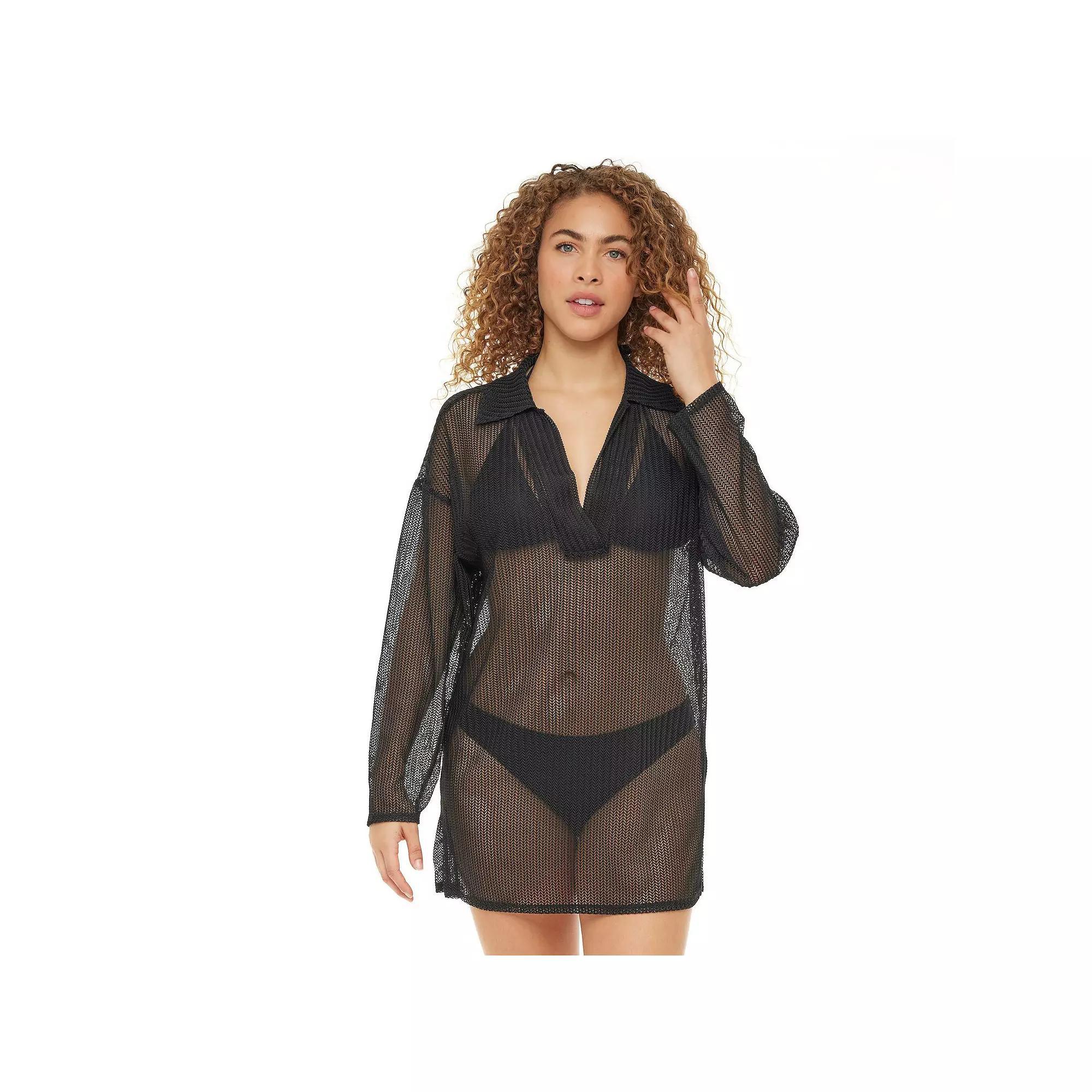 Women's Jordan Taylor Polo Collar Swim Cover-Up Tunic, Size: XL, Black Product Image