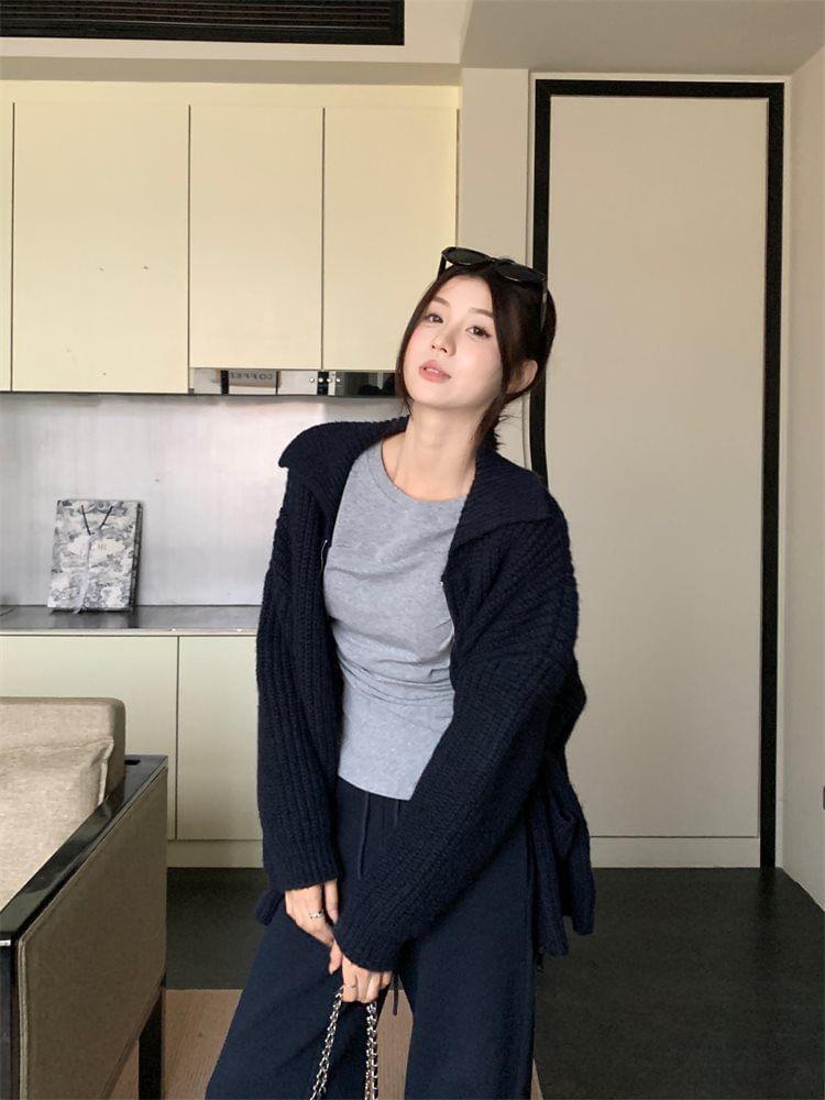 Long-Sleeve Round Neck Plain Slim Fit Tee / Ribbed Zip Cardigan / Drawstring Waist Wide Leg Pants Product Image