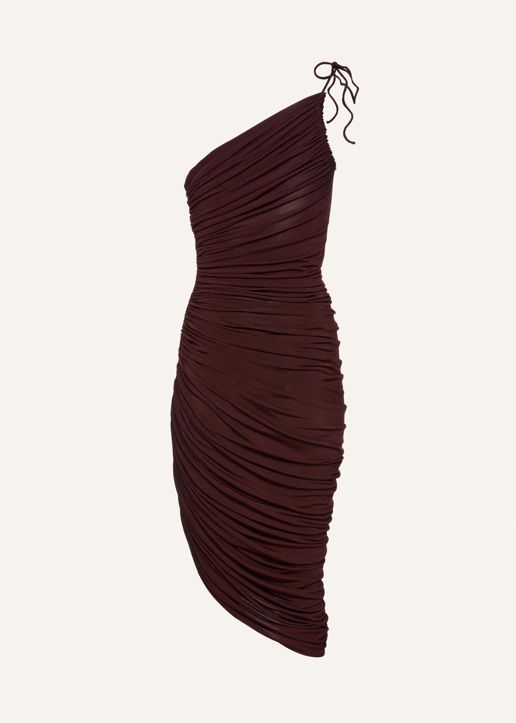 Asymmetrical draped midi dress in bordeaux Product Image