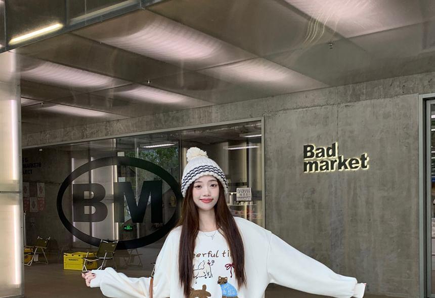 Drop Shoulder Crew Neck Cartoon Oversized Pullover / High Waist Plaid Mini A-Line Skirt Product Image