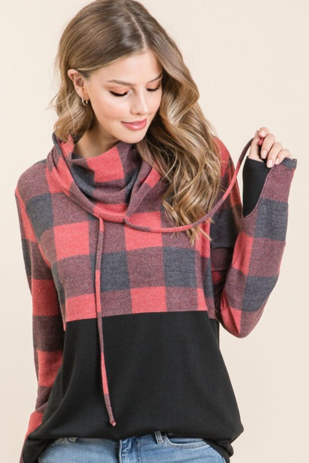 BRUSHED CHECK PLAID COWL NECK TOP Female Product Image