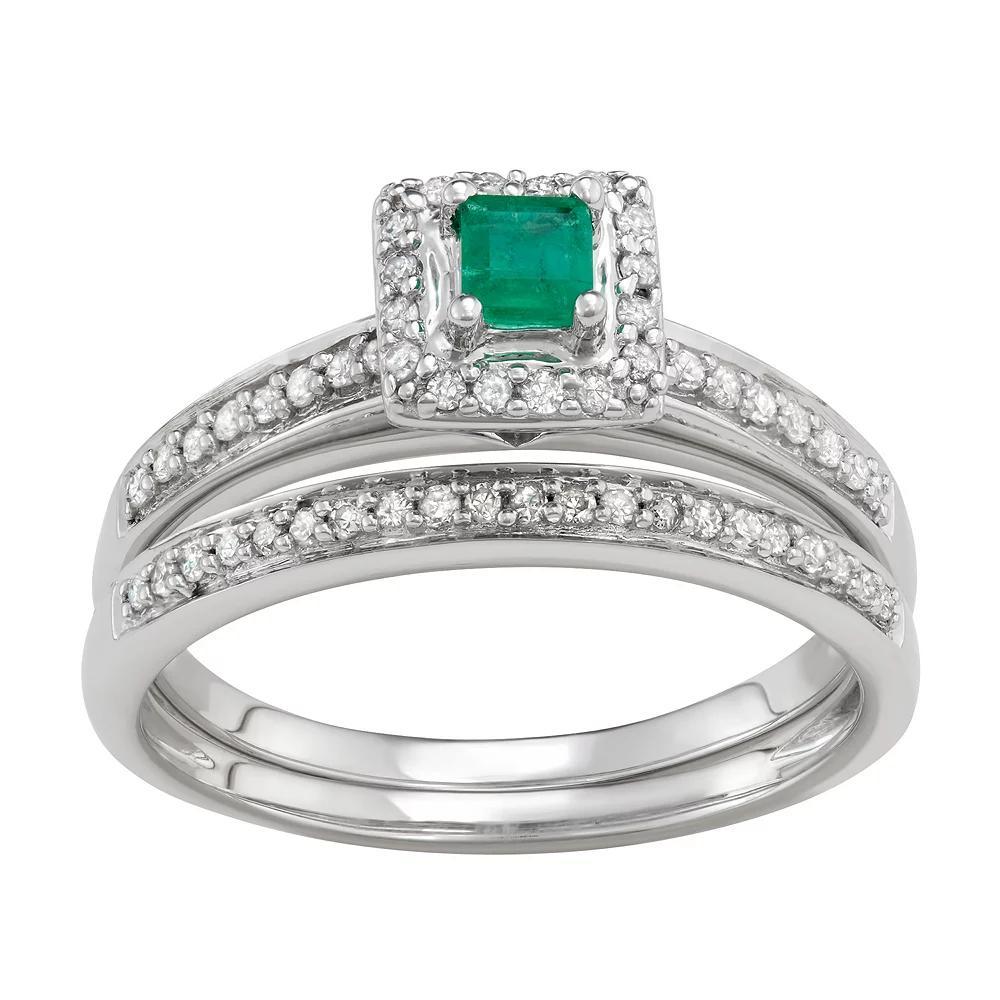 10k White Gold 1/3 Carat T.W. Diamond & Gemstone Square Halo Engagement Ring Set, Women's, Size: 5, Green Product Image