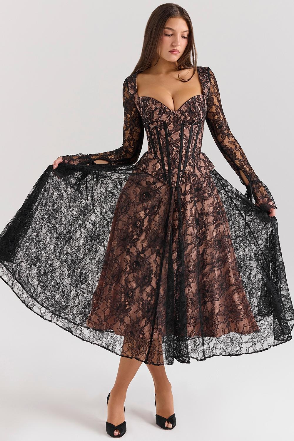 Raquel Black Lace Corset Midi Dress Product Image