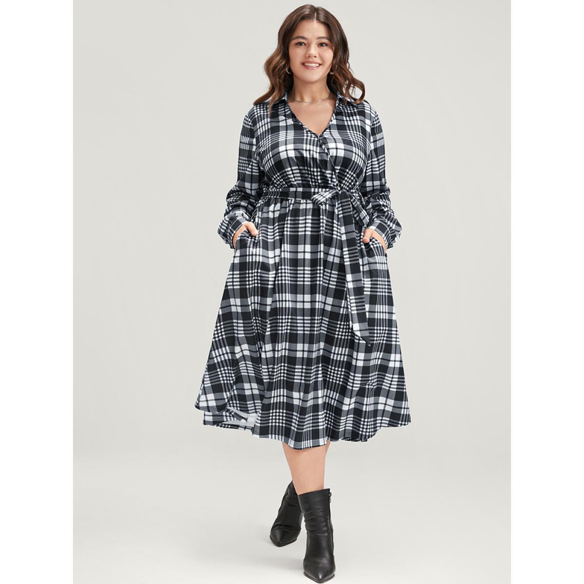 Plus Size Plaid Surplice Neck Lantern Sleeve Pocket Belt Midi Dress Black Women At the Office Elastic Waist V-neck Long Sleeve Curvy Midi Dress BloomChic 28/5X Product Image