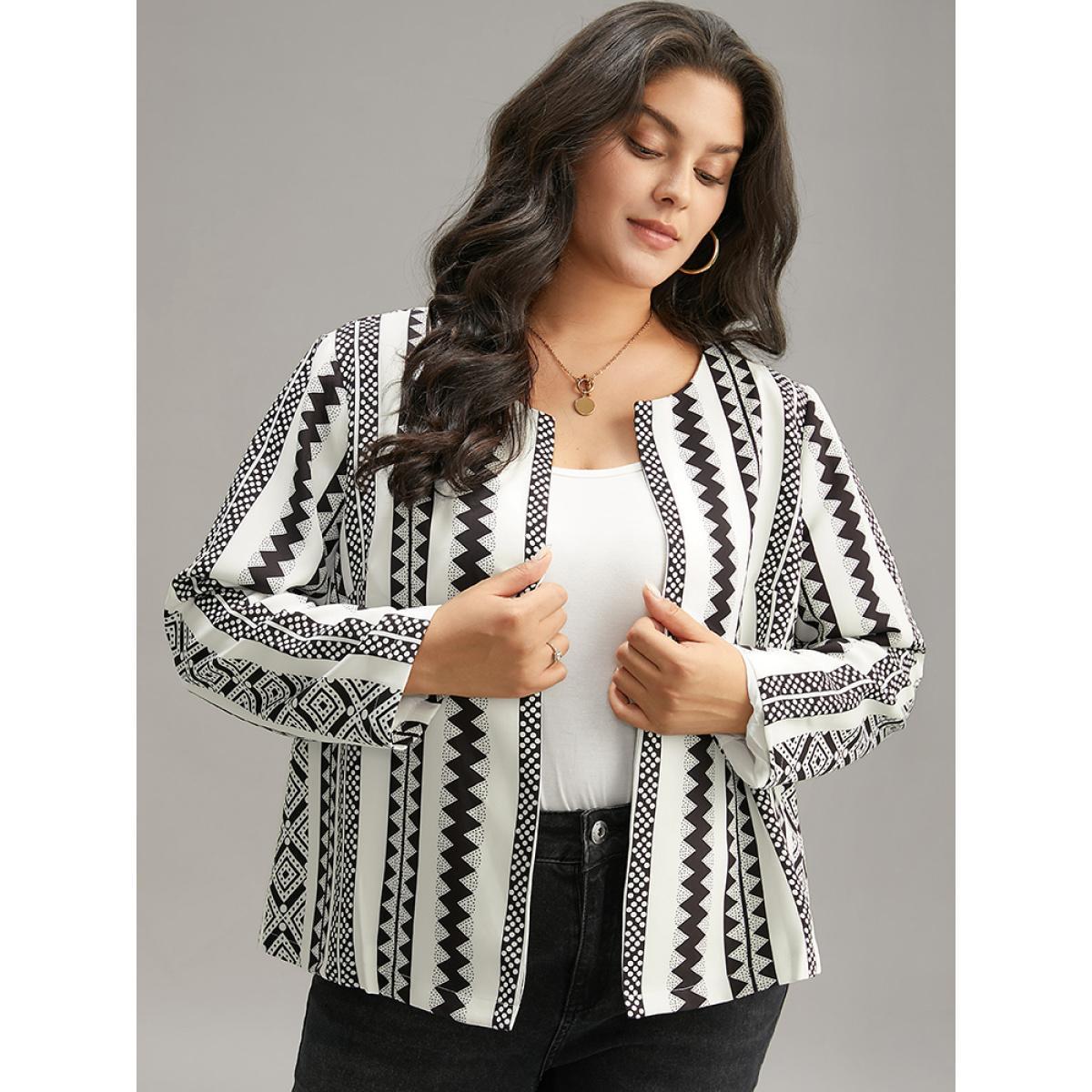 Plus Size Geometric Boho Print Open Front Jacket Women White Resort Contrast Ladies Vacation Winter Coats BloomChic 18-20/2X Product Image