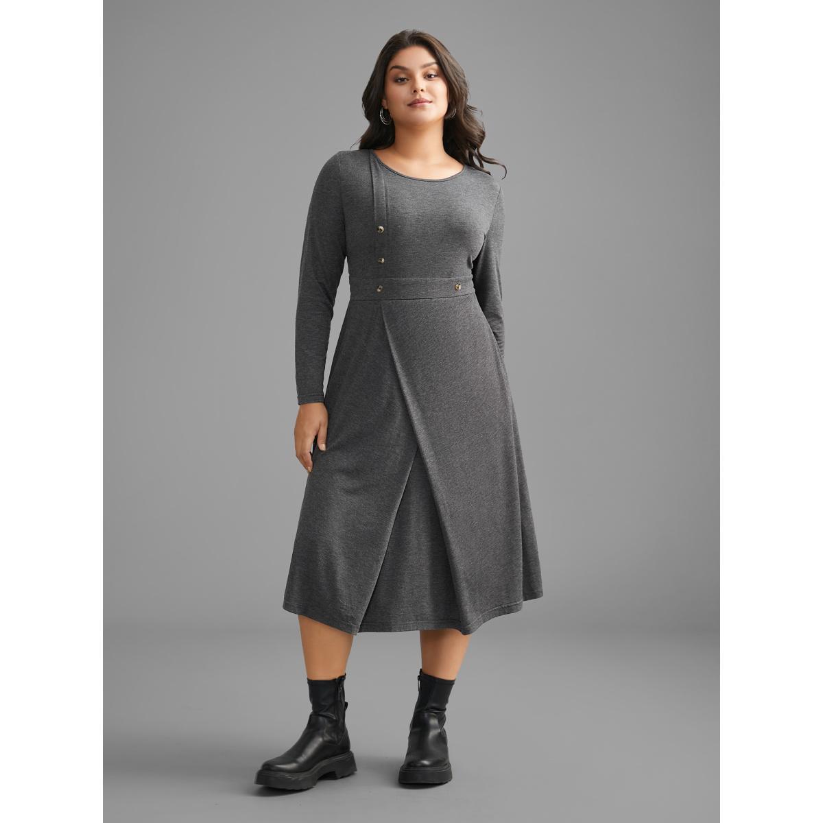Plus Size Solid Button Detail Wrap Hem Knit Dress DarkGray Women Casual Overlapping Knit Dresses Bloomchic 18-20/2X Product Image