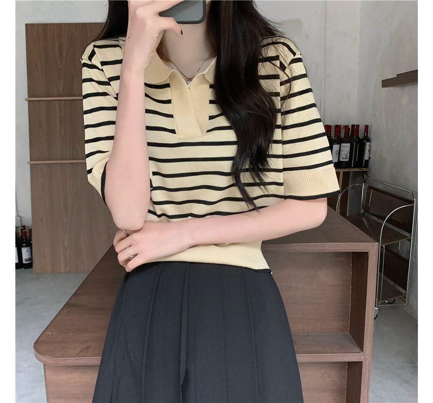 Short-Sleeve V-Neck Striped Knit Polo Shirt Product Image