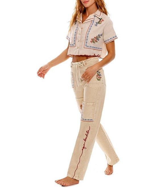 Agua Bendita Moorea Blush Floral Embroidered Straight Cargo Pants Product Image