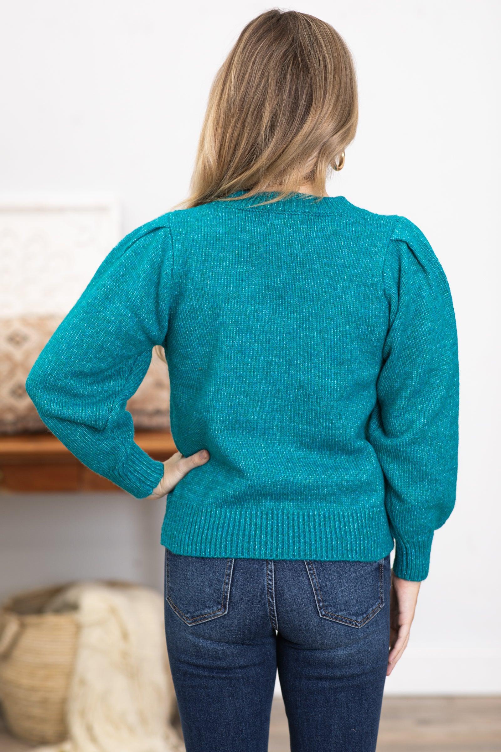 Teal Melange Puff Sleeve Sweater Product Image