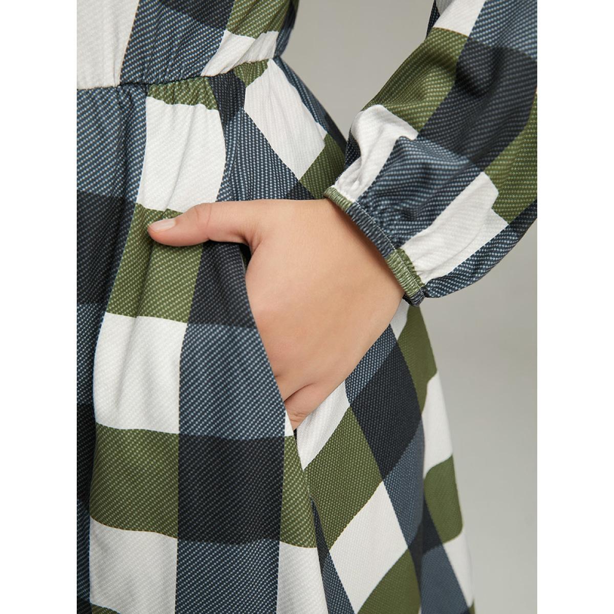 Plus Size Plaid Lantern Sleeve Ruffle Hem Dress DimGray Women Casual Elastic cuffs Scoop Neck Long Sleeve Curvy Midi Dress BloomChic 18-20/2X Product Image
