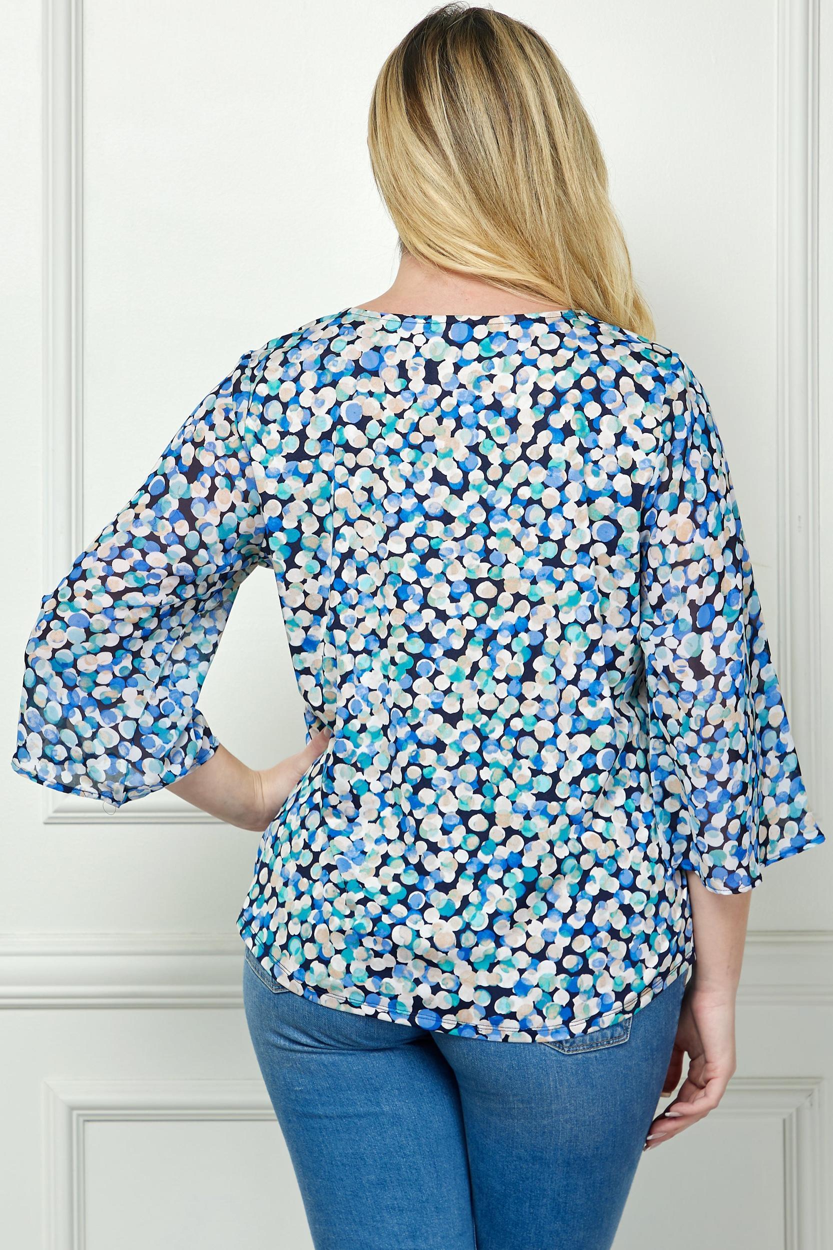 Blue 3/4 Bell Sleeve Cutout Keyhole Trim Front Neck Mix Media Blouse - Plus Product Image