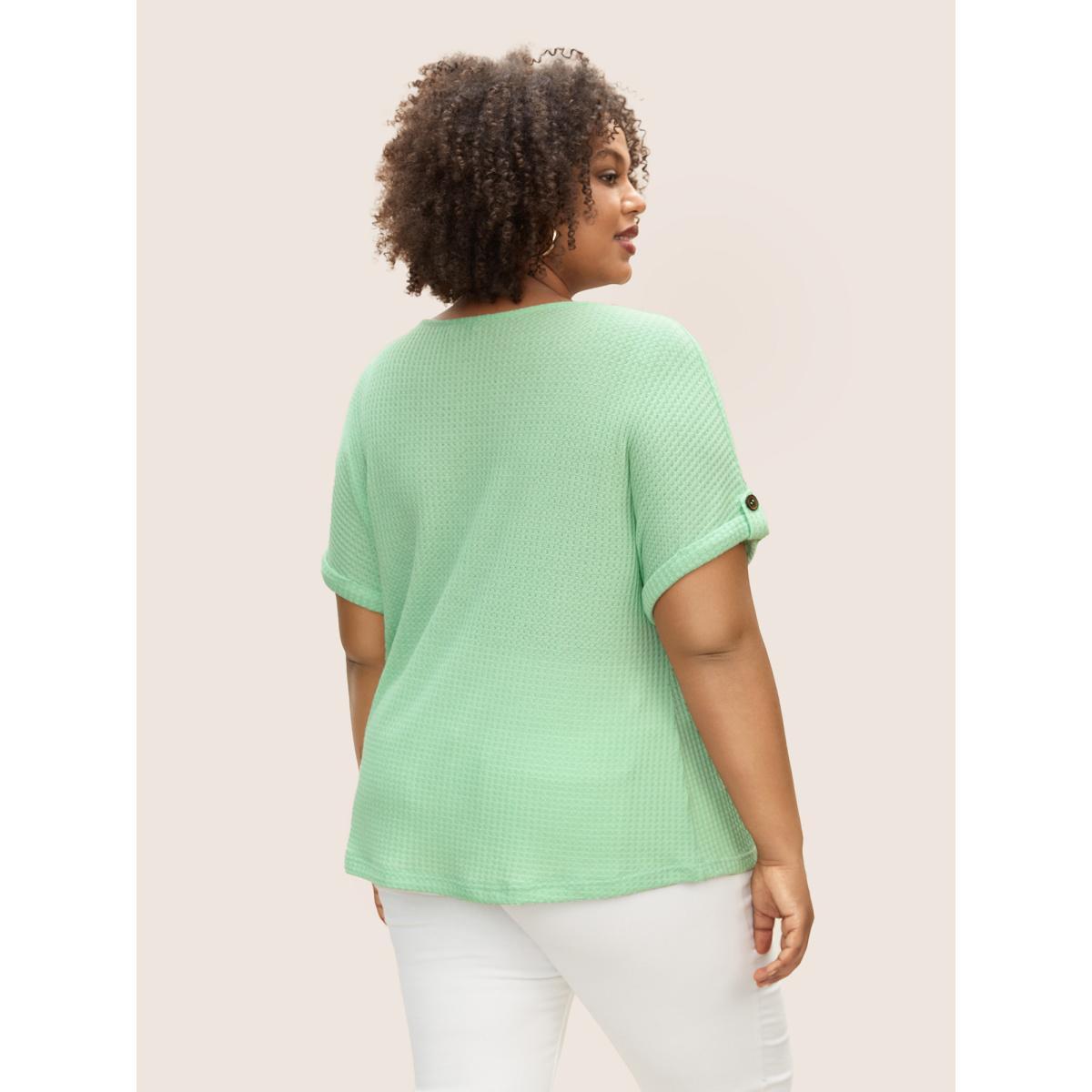 Plus Size Plain Waffle Knit Button Cuff Sleeve T-shirt LightGreen Women Casual Texture Boat Neck Everyday T-shirts BloomChic 30/6X Product Image