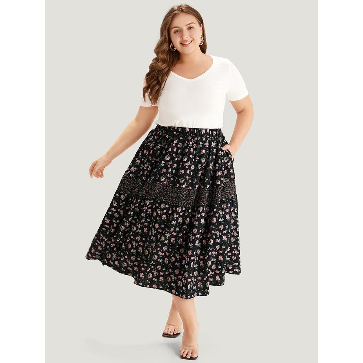 Plus Size Ditsy Floral Patchwork Elastic Waist Skirt Women BlackFlower Elegant Patchwork No stretch Pocket Dailywear Skirts BloomChic 28/5X Product Image