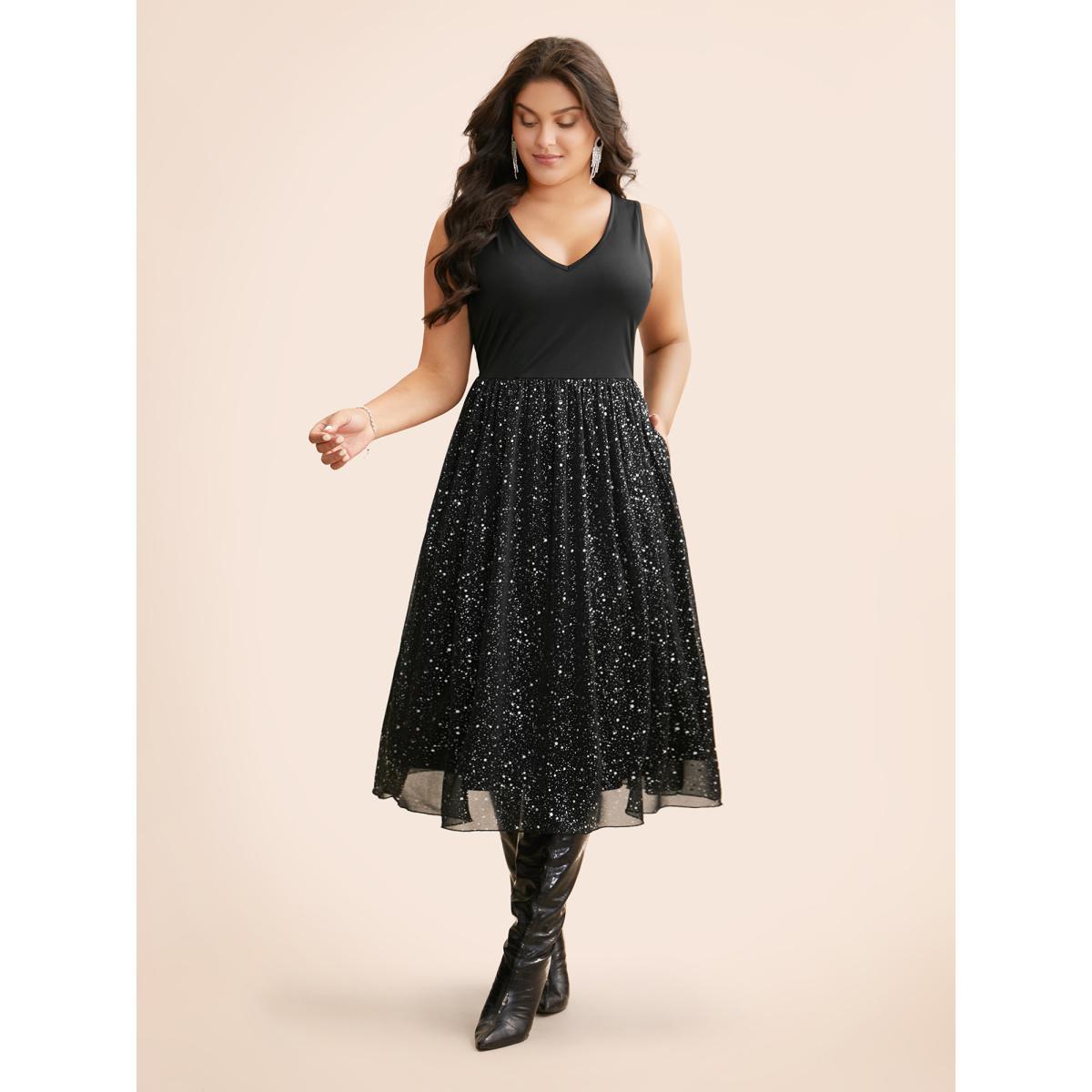 Plus Size V Neck Glitter Patchwork Tank Dress Black Women Cocktail Texture Party Curvy Bloomchic 14-16/1X Product Image