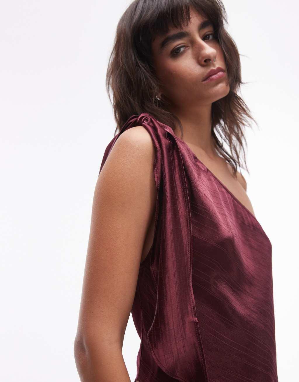 Topshop knot one shoulder top in burgundy  Product Image