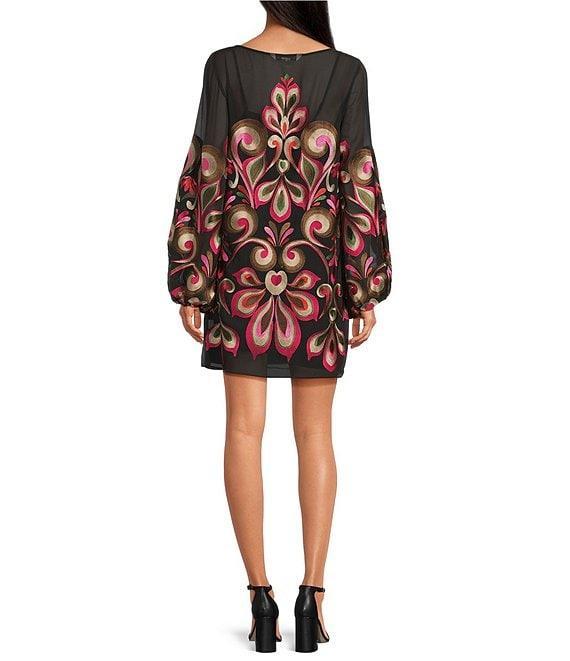 Trina Turk Salim Sheer Embroidered Mesh Boat Neck Long Balloon Sleeve Dress Product Image
