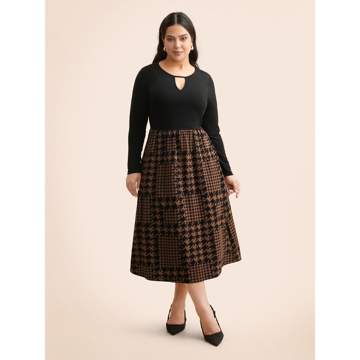 Plus Size Houndstooth Patchwork Cut Out Midi Dress Browncoffeecolor Women At the Office Patchwork Round Neck Long Sleeve Curvy BloomChic 30/6X Product Image