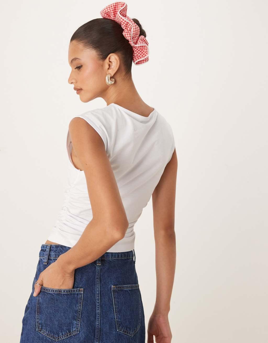 ASOS DESIGN ruched cap sleeve tee in white Product Image