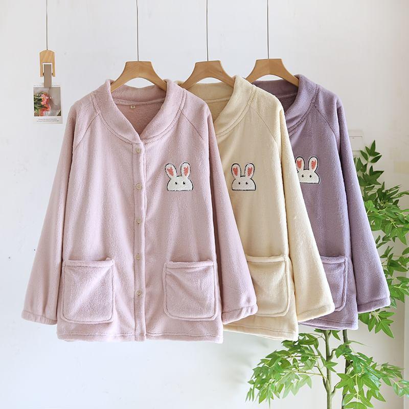 V-Neck Rabbit Patterned Coral Fleece Button Pajama Jacket Product Image