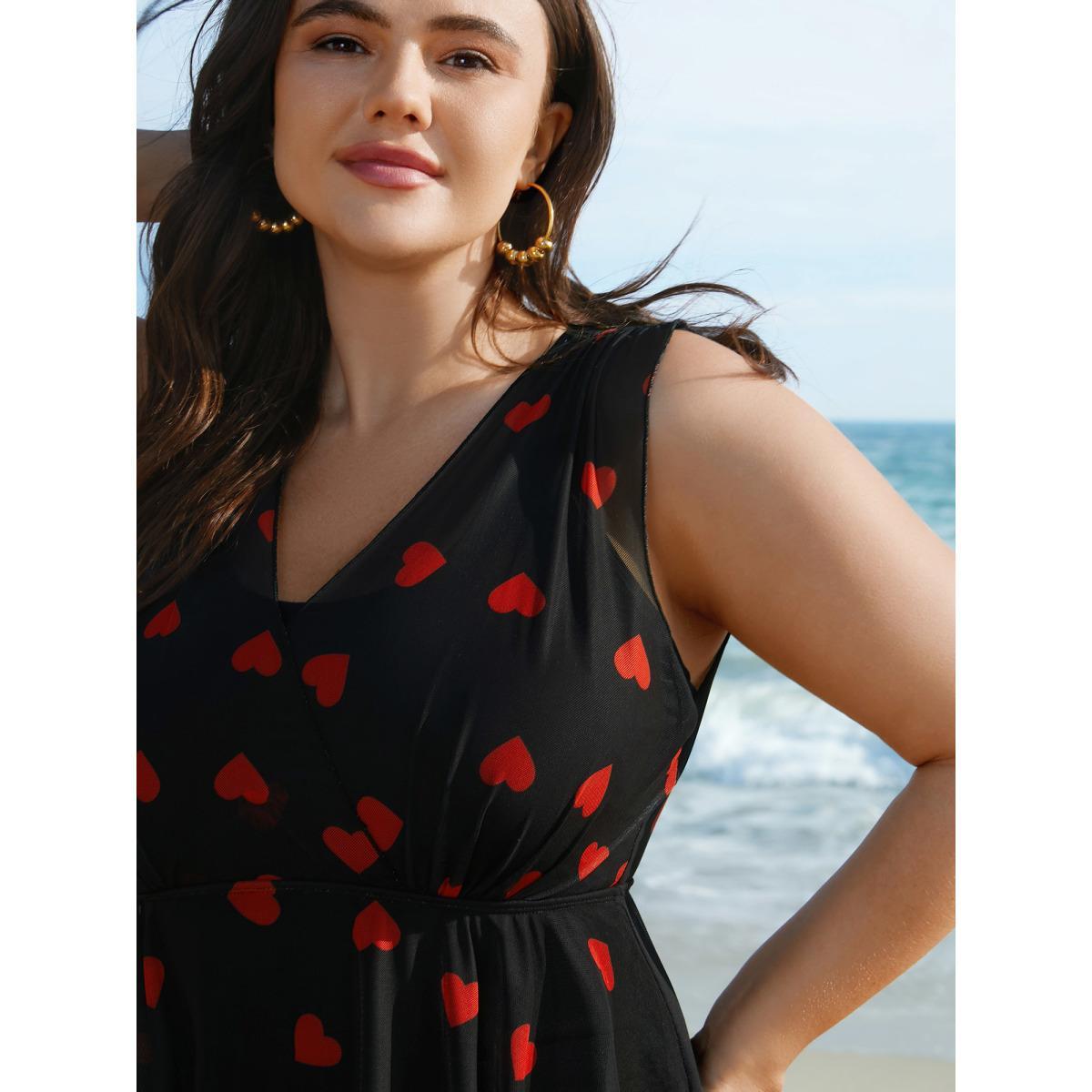 Plus Size Sheer Hearts Mesh Wrap Neck Swim Dress Women's Swimwear Black Beach Bodycon Overlap Collar High stretch Curve Swim Dresses BloomChic 30/6X Product Image
