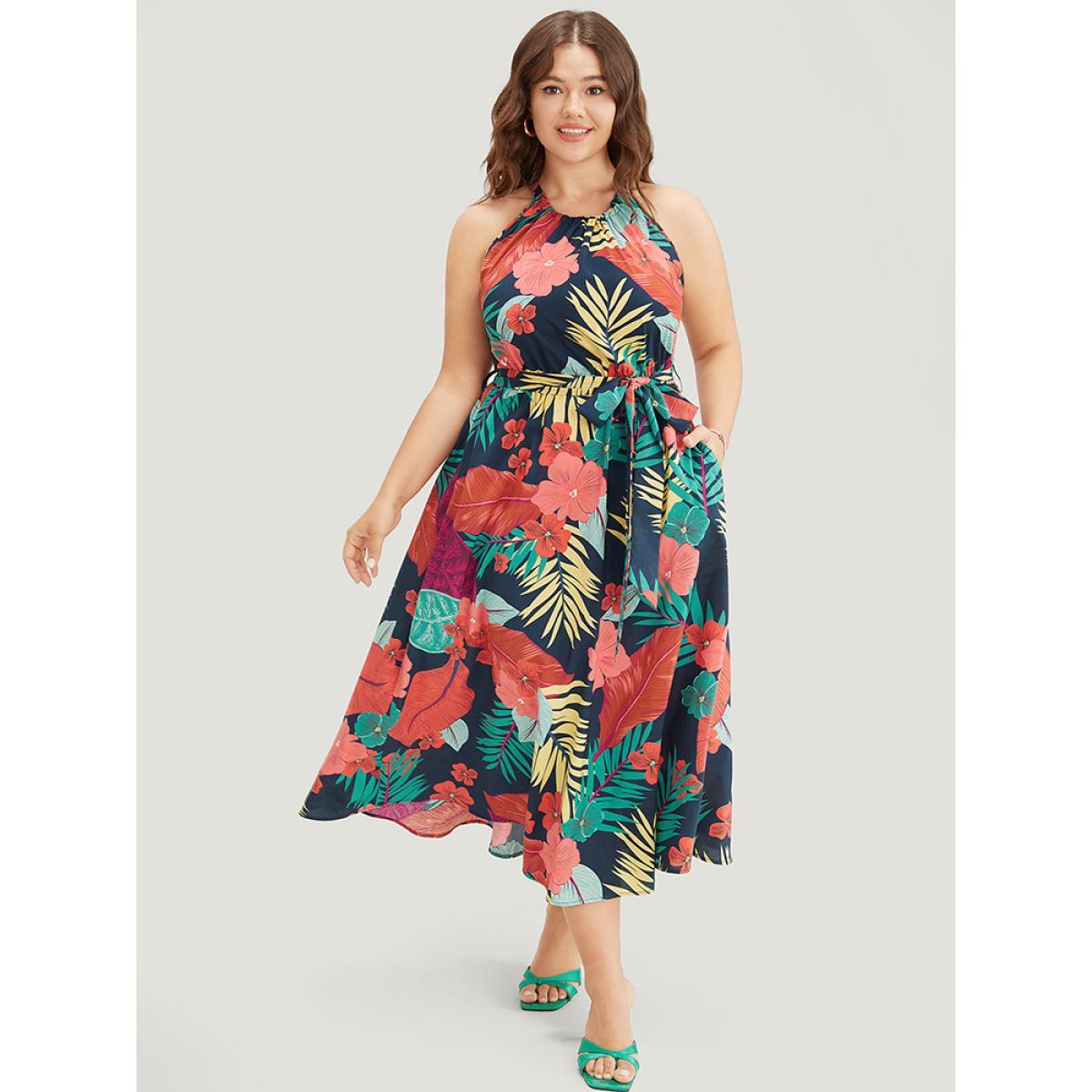 Plus Size Tropical Print Ruffle Hem Pocket Belt Knotted Halter Dress DarkBlue Women Vacation Cross straps Halter neck Sleeveless Curvy Midi Dress BloomChic 14-16/1X Product Image