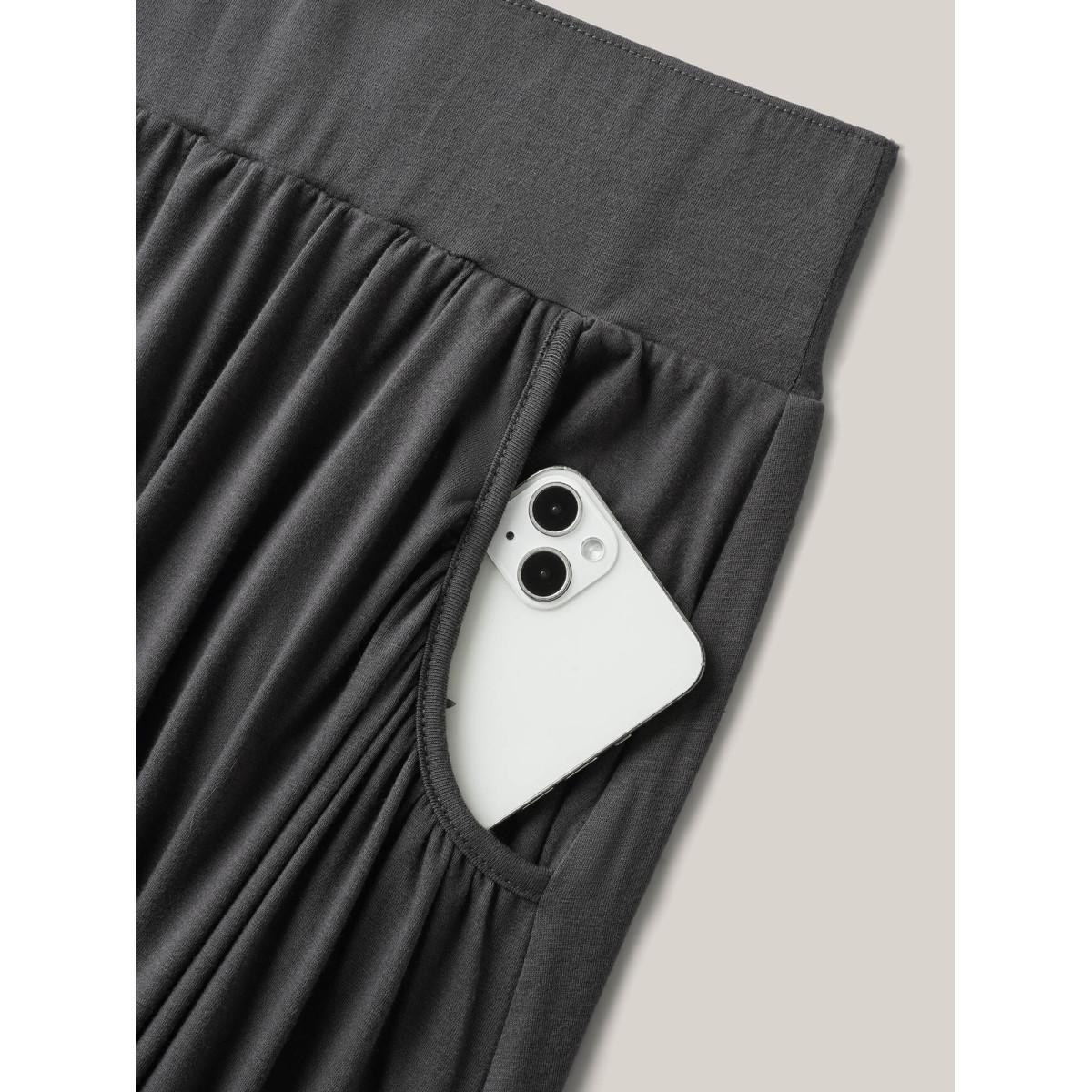 Plus Size Supersoft Wide Waistband Pleated Plain Midi Skirt Women DimGray Elegant Gathered Medium stretch Slanted pocket Everyday Skirts BloomChic 30/6X Product Image