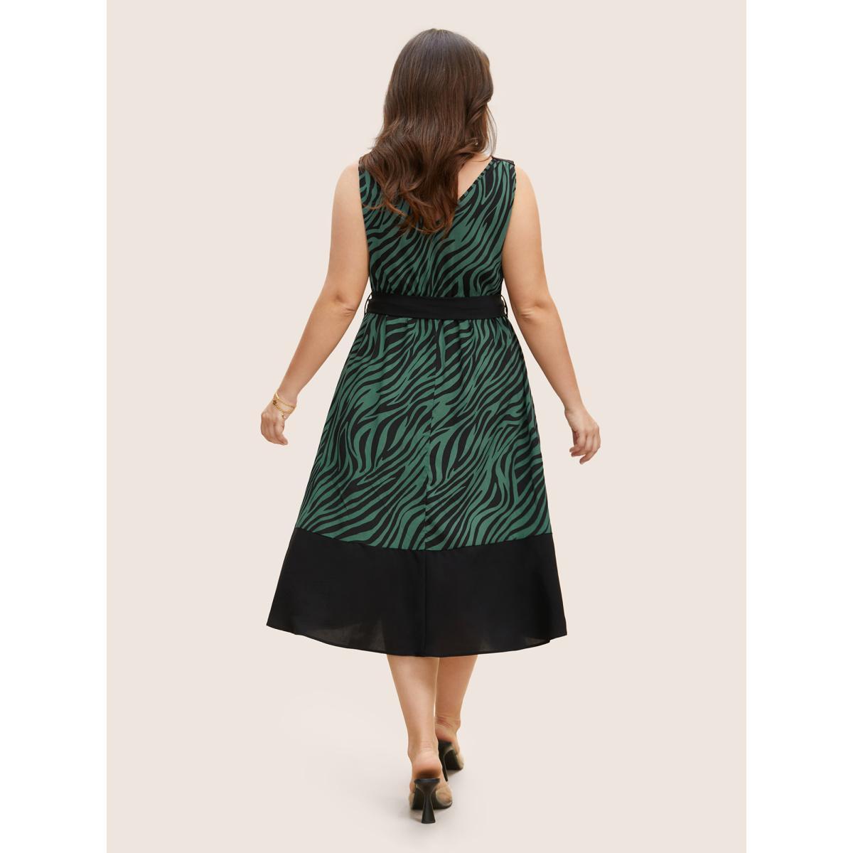 Plus Size Zebra Print Wrap Belted Tank Dress Emerald Women At the Office Belted V-neck Sleeveless Curvy BloomChic 14-16/1X Product Image