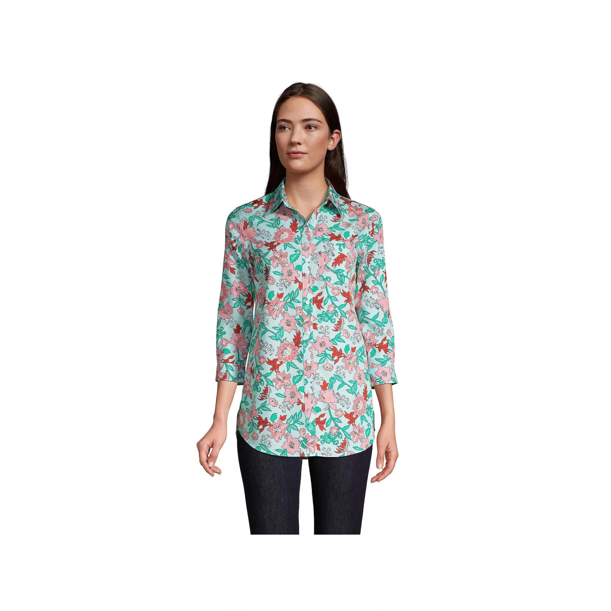 Women's Lands' End No Iron Three Quarter Sleeve Tunic, Size: 4, Blue Lotus Floral Product Image