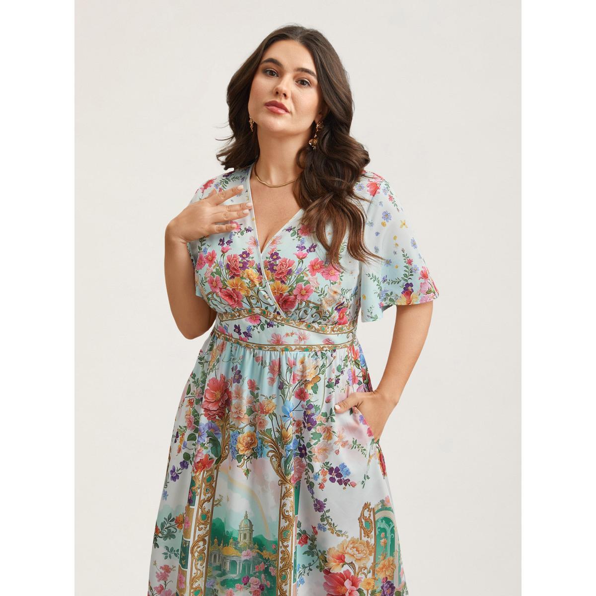 Plus Size Floral Print Wrap-Neck Flared Sleeve Maxi Dress Ivory Women Elegant Non Overlap Collar Short sleeve Curvy BloomChic 26/4X Product Image