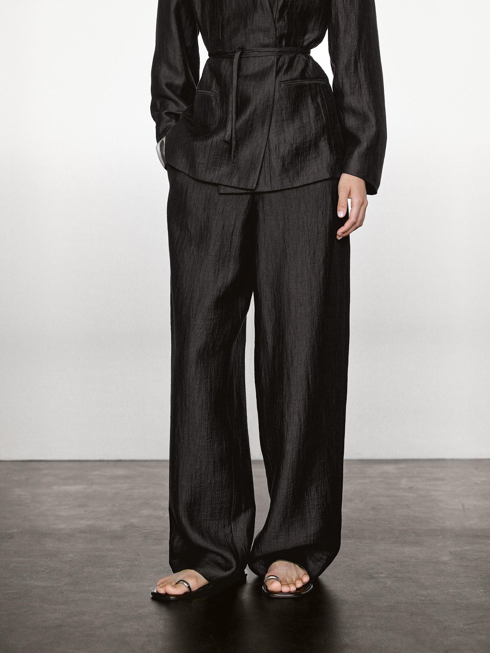 Linen blend palazzo trousers with darts Product Image
