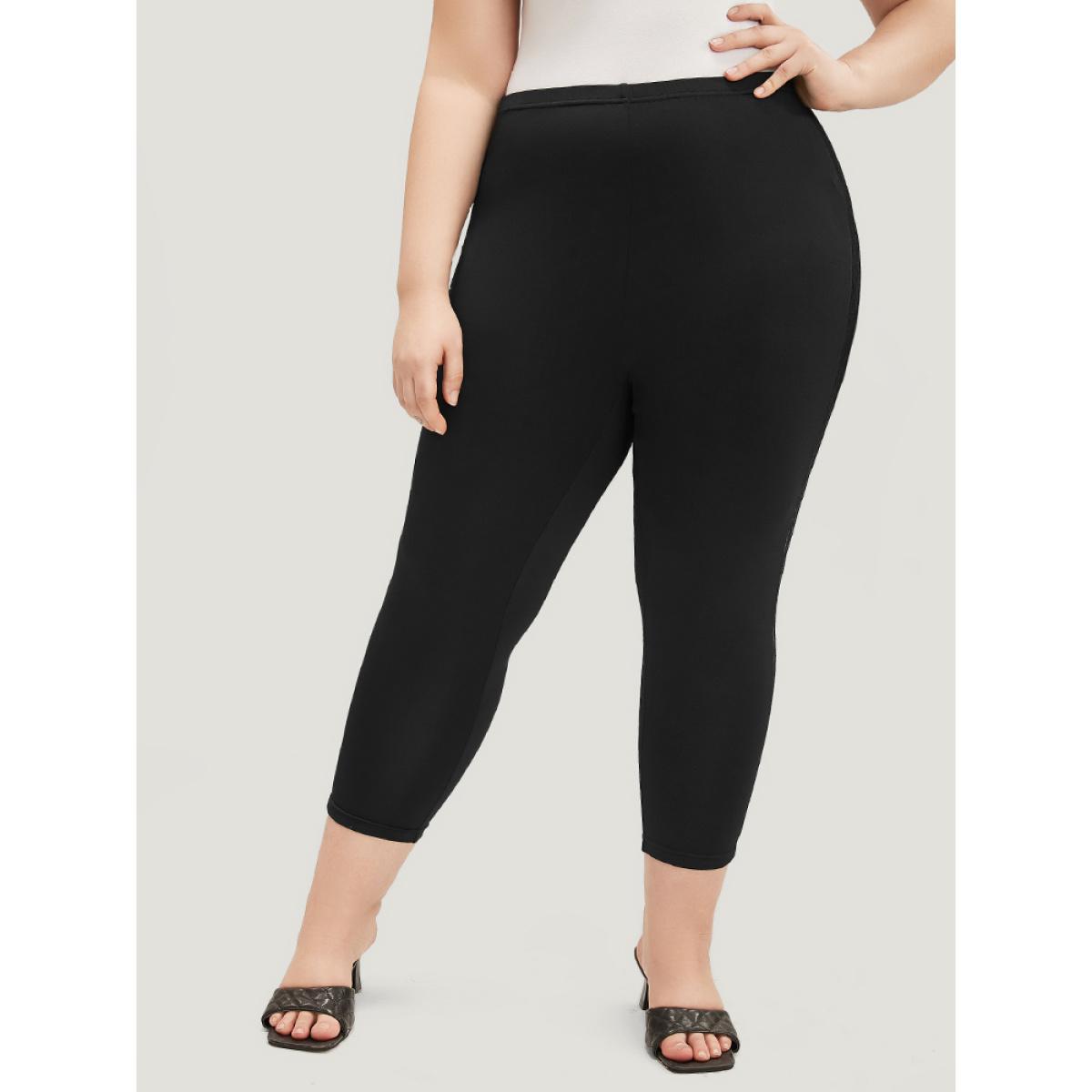 Plus Size Solid Lace Insert Elastic Waist Skinny Leggings Women Black Elegant High stretch Skinny Mid Rise Dailywear Leggings BloomChic 14-16/1X Product Image