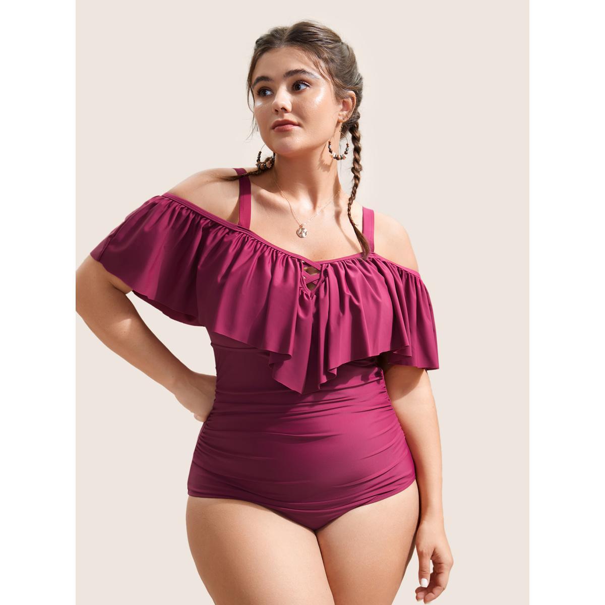 Plus Size Plain Ruffle Crisscross Neck Tummy Control One Piece Swimsuit Women's Swimwear RedViolet Beach Non Curve Bathing Suits High stretch One Pieces BloomChic 14-16/1X Product Image