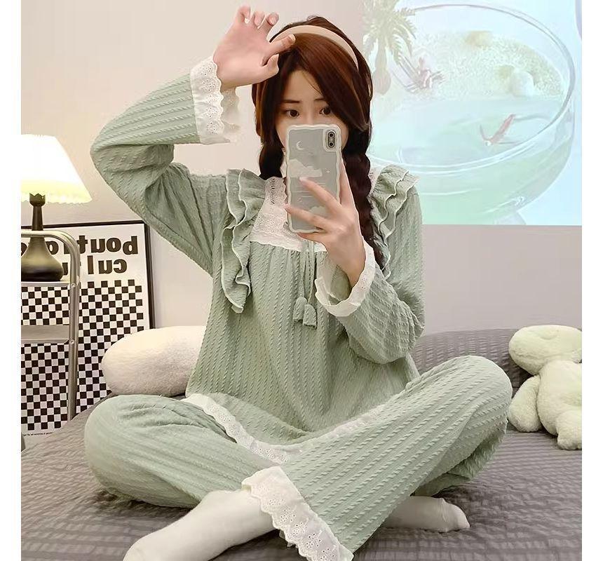 Pajama Set: Long-Sleeve Square Neck Bow Ruffle Top + Straight Leg Pants Product Image