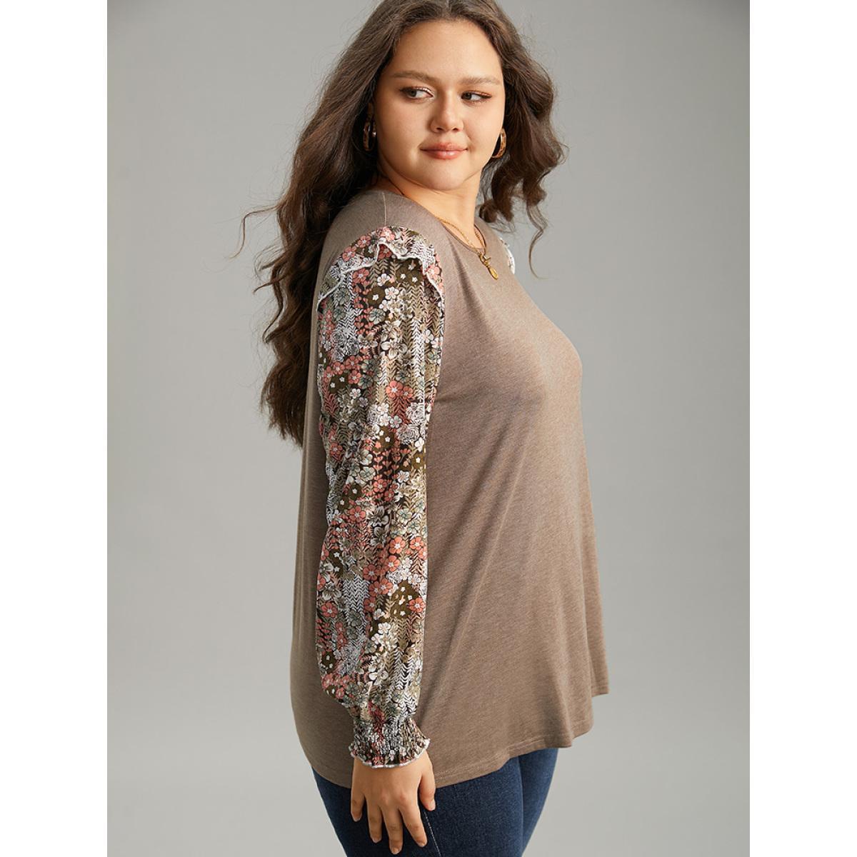 Plus Size Floral Print Shirred Cuffs Ruffle Trim T-shirt LightBrown Women Casual Elastic cuffs Ditsy Floral Round Neck Everyday T-shirts BloomChic 10/M Product Image