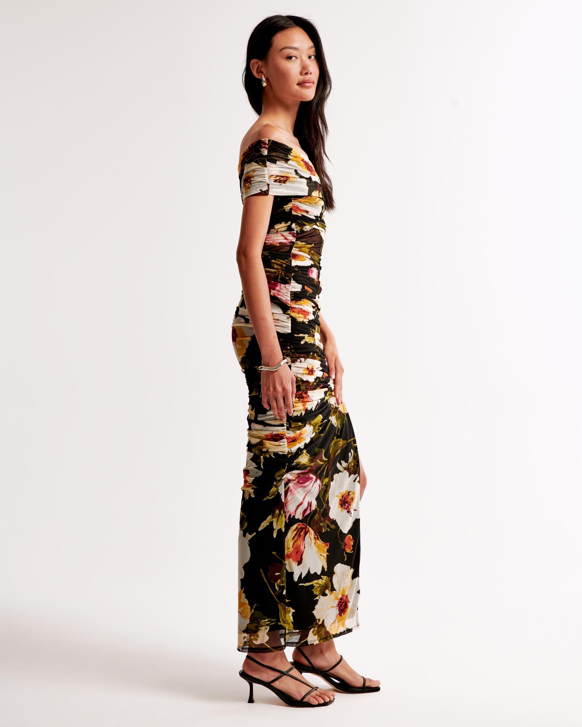Mesh Asymmetrical Off-The-Shoulder Draped Maxi Dress Product Image
