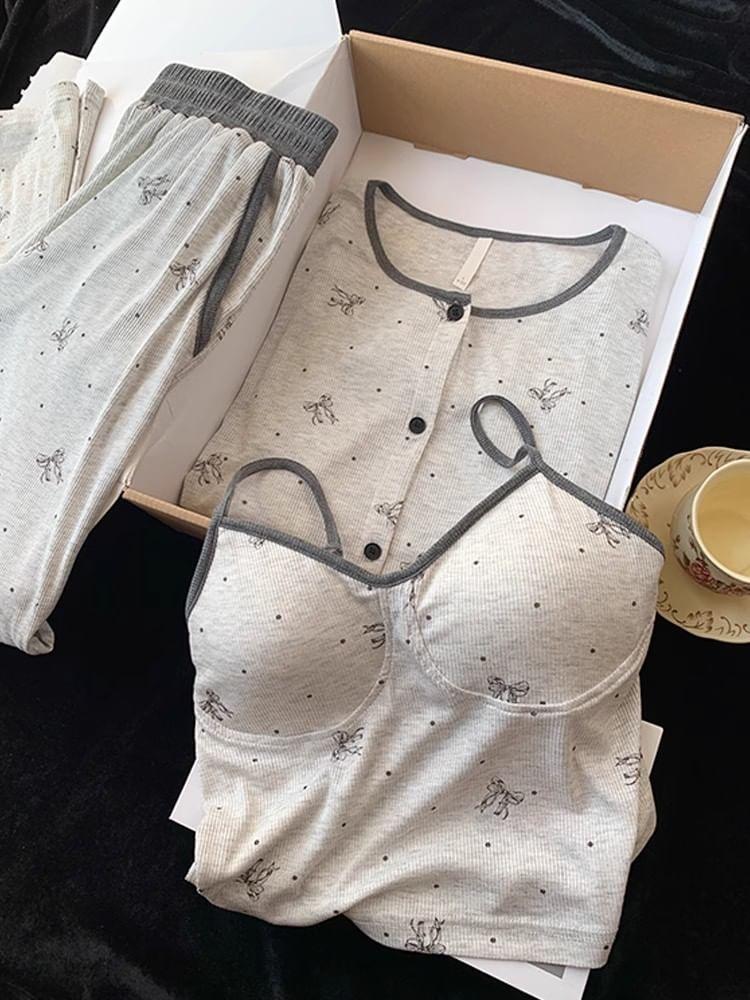 Pajama Set: Bow Print Camisole Top + Button-Up Shirt + Pants Product Image