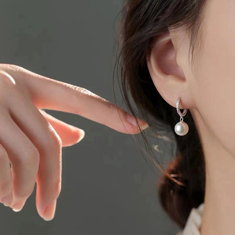 925 Sterling Silver Faux Pearl Rhinestone Hoop Drop Earring Product Image