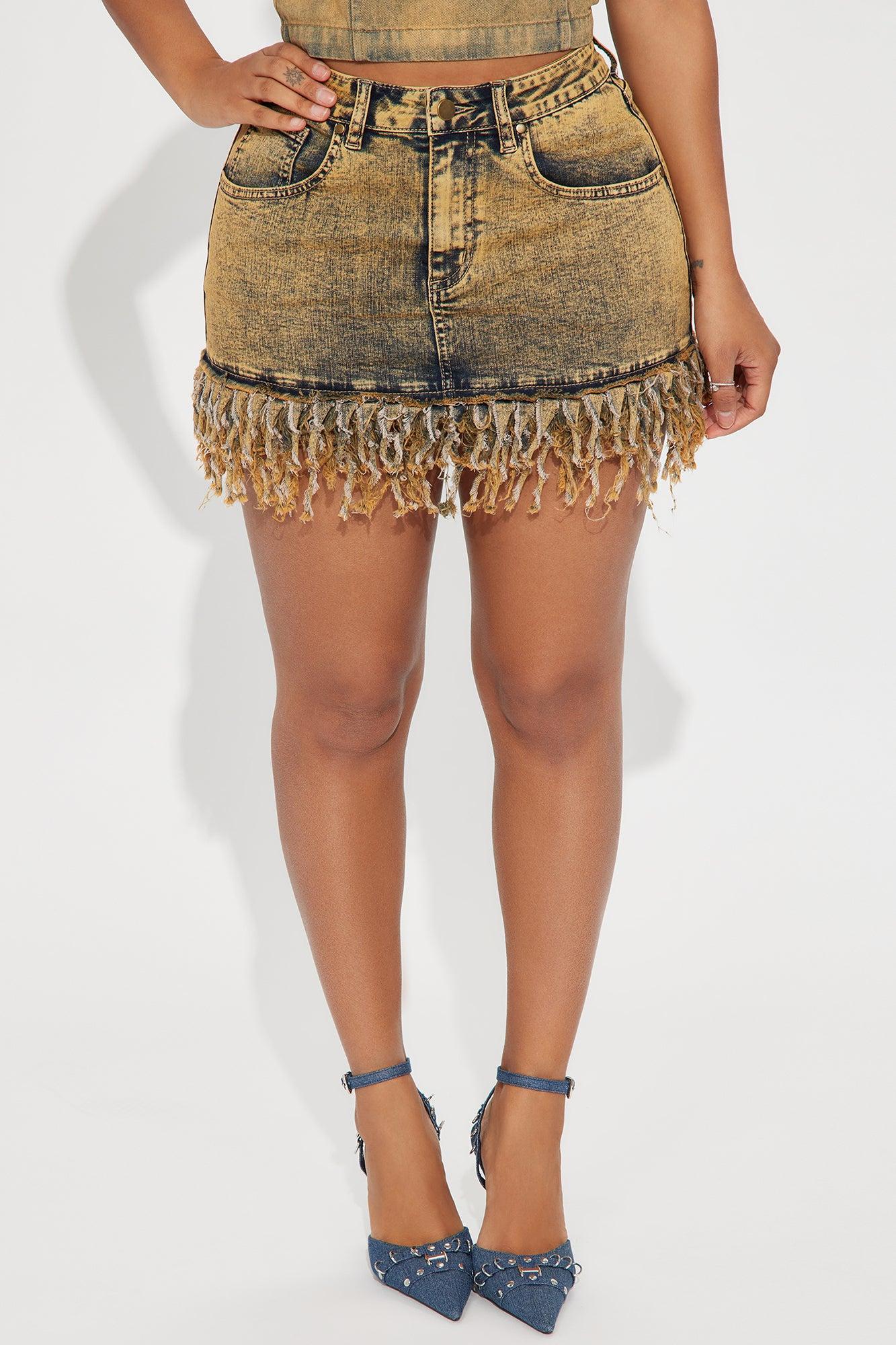 Feeling This Fringe Denim Mini Skirt - Khaki Product Image