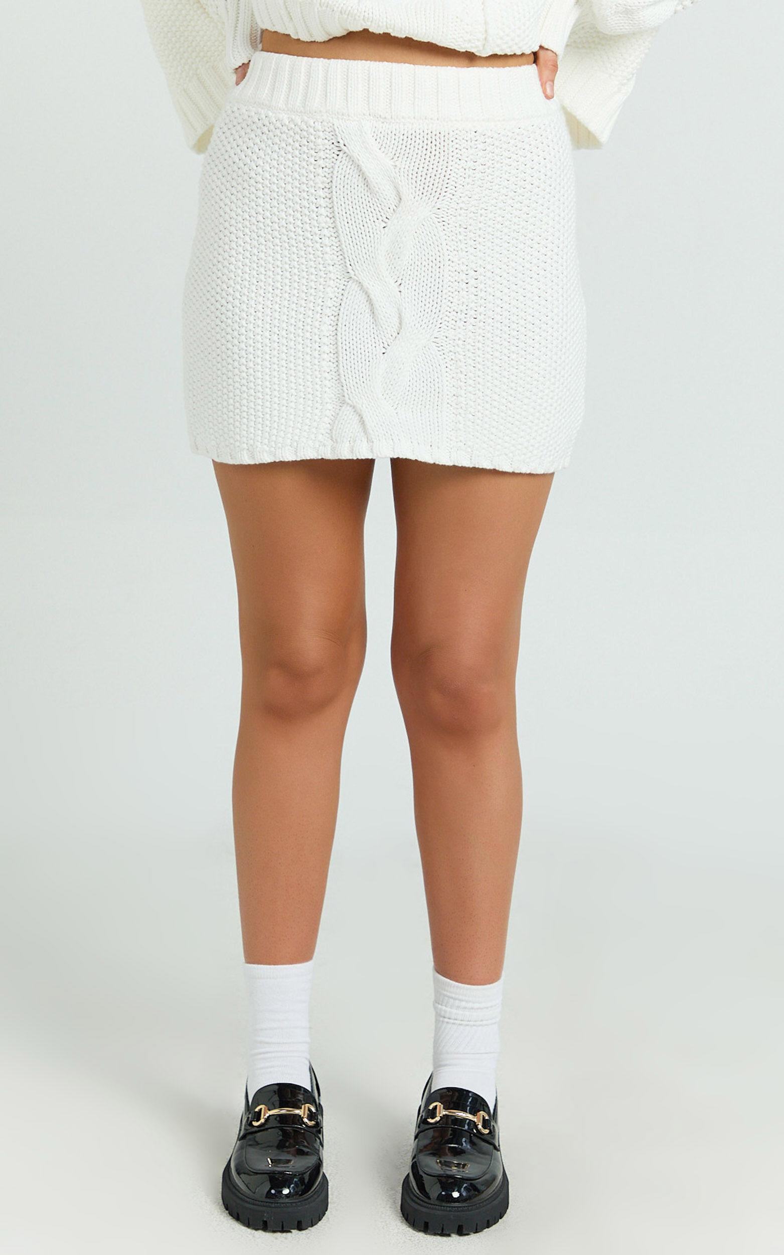 Marge Mini Skirt - High Waisted Cable Knit Mini Skirt in White Product Image