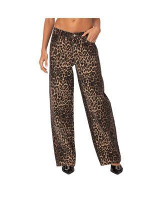 Edikted Womens Leopard Printed Low Rise Jeans Product Image
