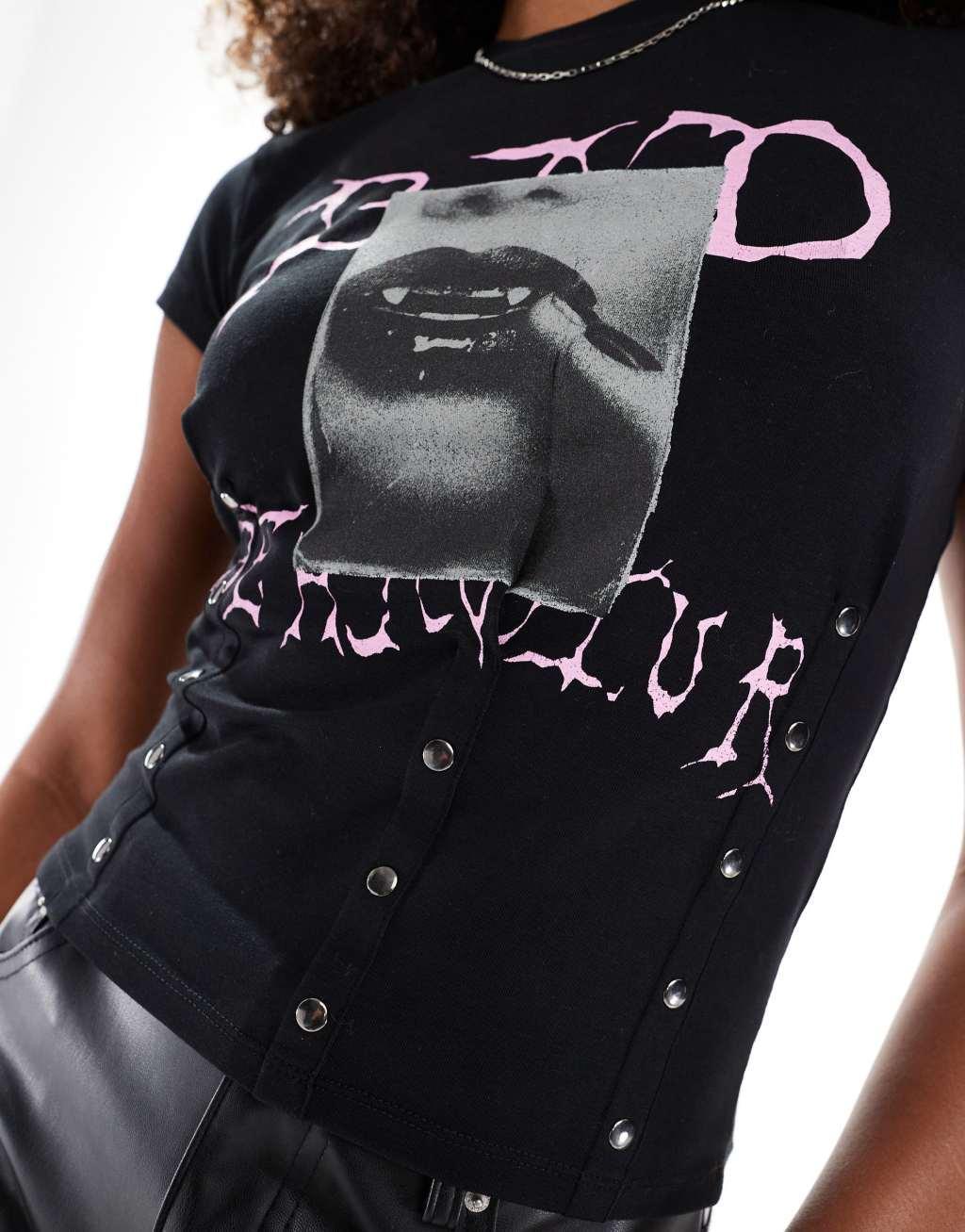 ASOS DESIGN corset waist tee with pink print and studs in black Product Image