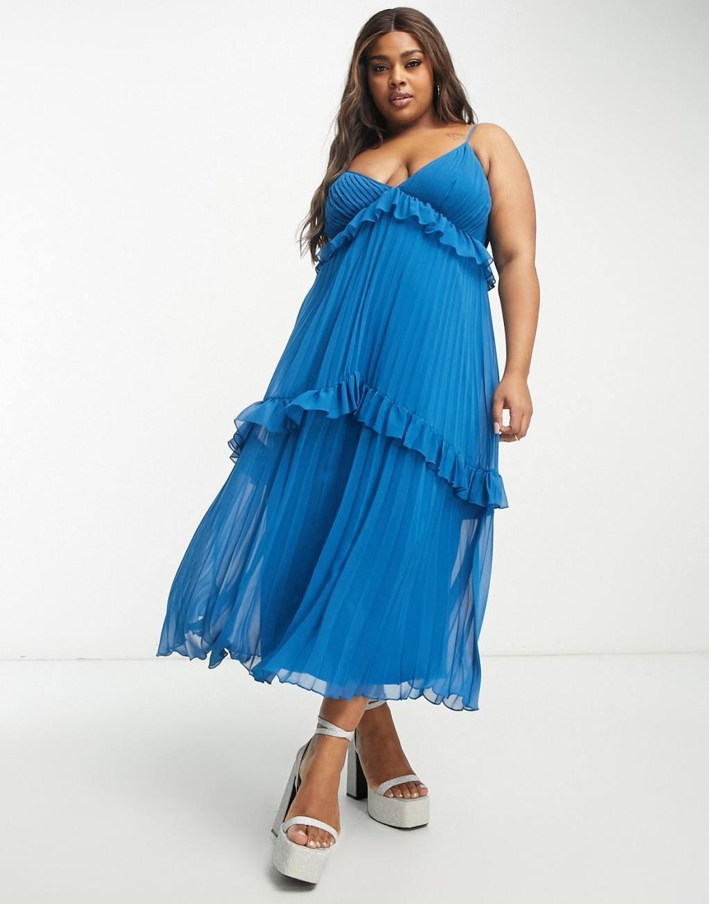 ASOS DESIGN Curve strappy pleated midi dress with frills Product Image