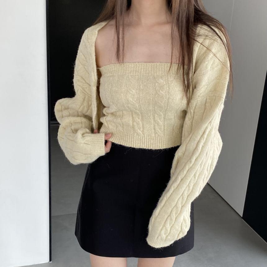 Set: Plain Cable-Knit Cardigan +  Tube Top Product Image