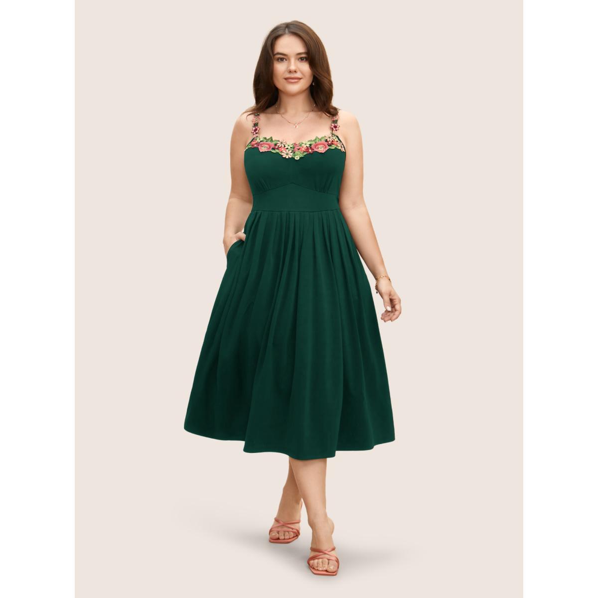 Plus Size Floral Embroidered Pocket Midi Cami Dress Truegreen Women Elegant Embroidered Heart neckline Sleeveless Curvy BloomChic 12/L Product Image