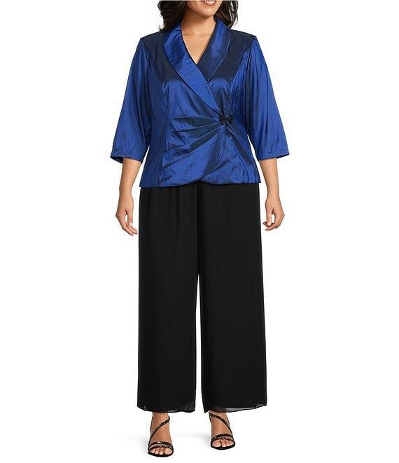Alex Evenings Plus Size 3/4 Sleeve Collared V-Neck Taffeta Blouse Product Image
