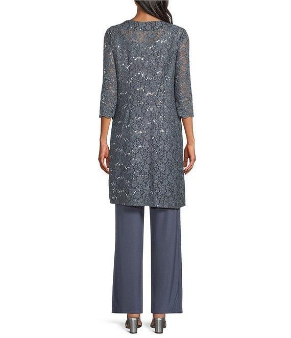R & M Richards 3/4 Sleeve Sequin And Pearl Embellished Crew Neck Lace 3-Piece Pant Set Product Image