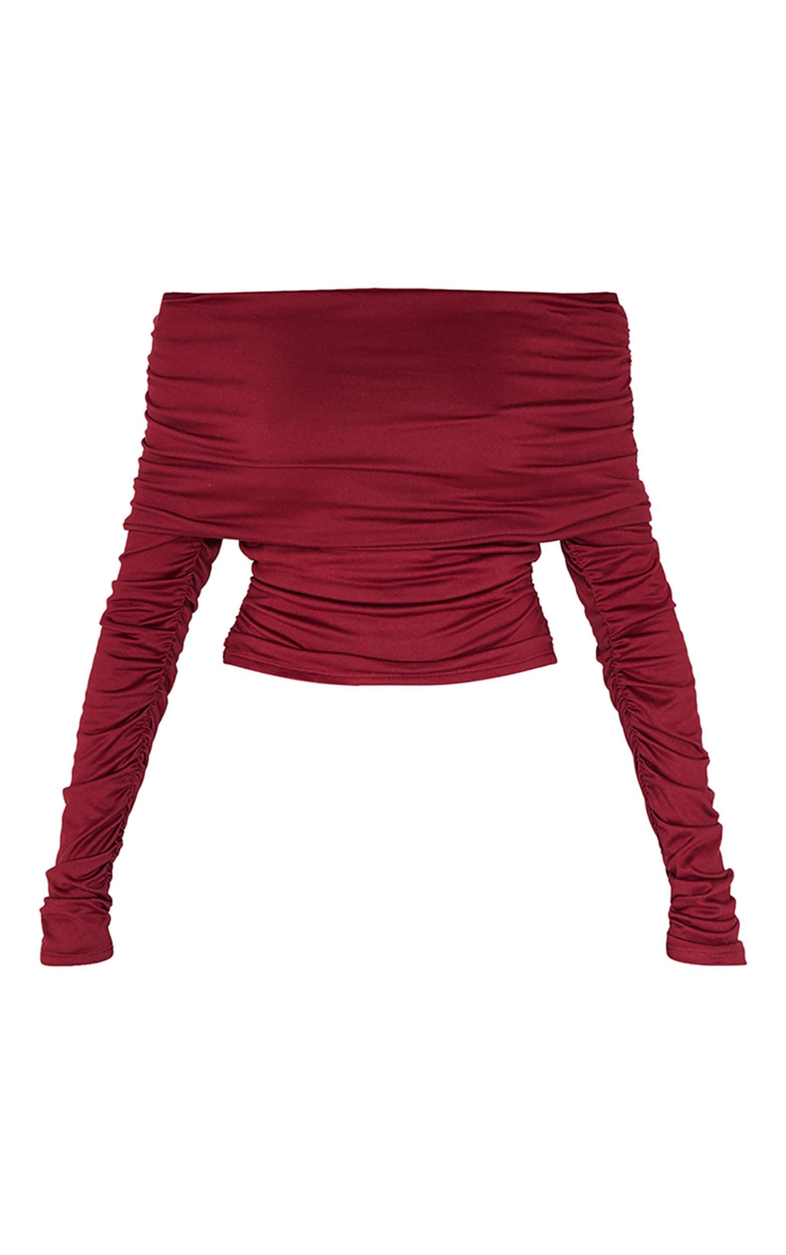 Burgundy Contour Jersey Extreme Fold Over Ruched Detail Long Sleeve Top Product Image